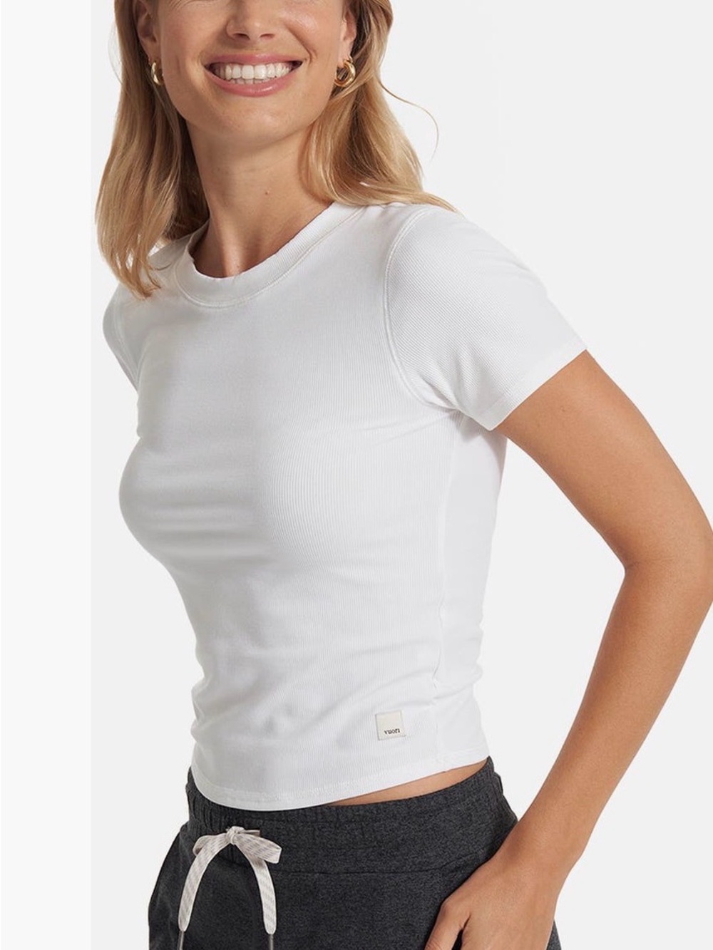Vuori Women's White Short Sleeve Pose Ribbed Baby Tee